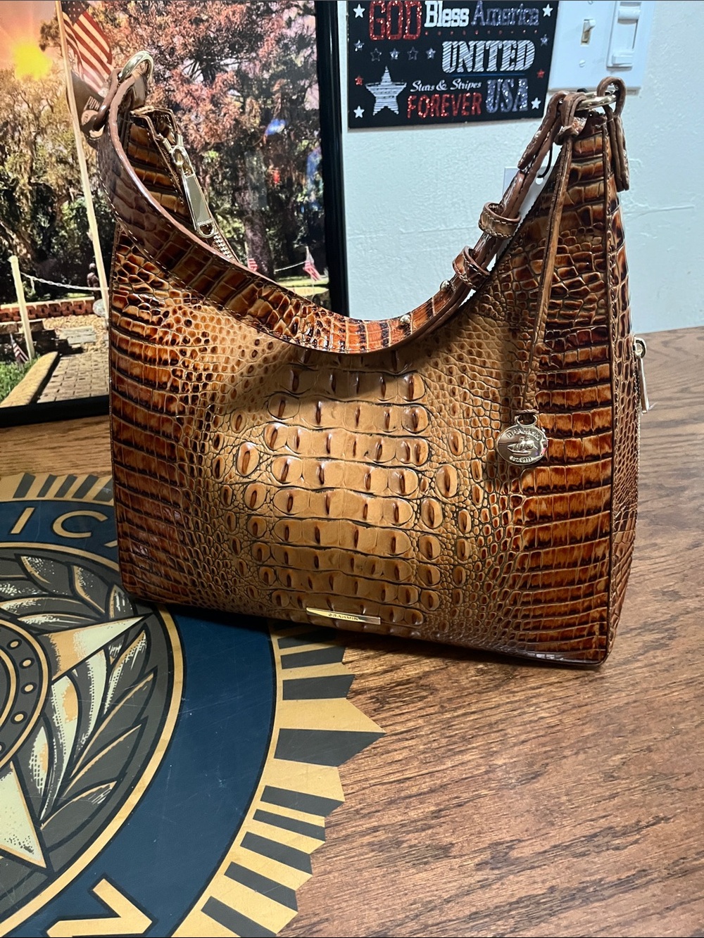 Brahmin Croc-Embossed Shoulder Bag in Saddle Brown Tones